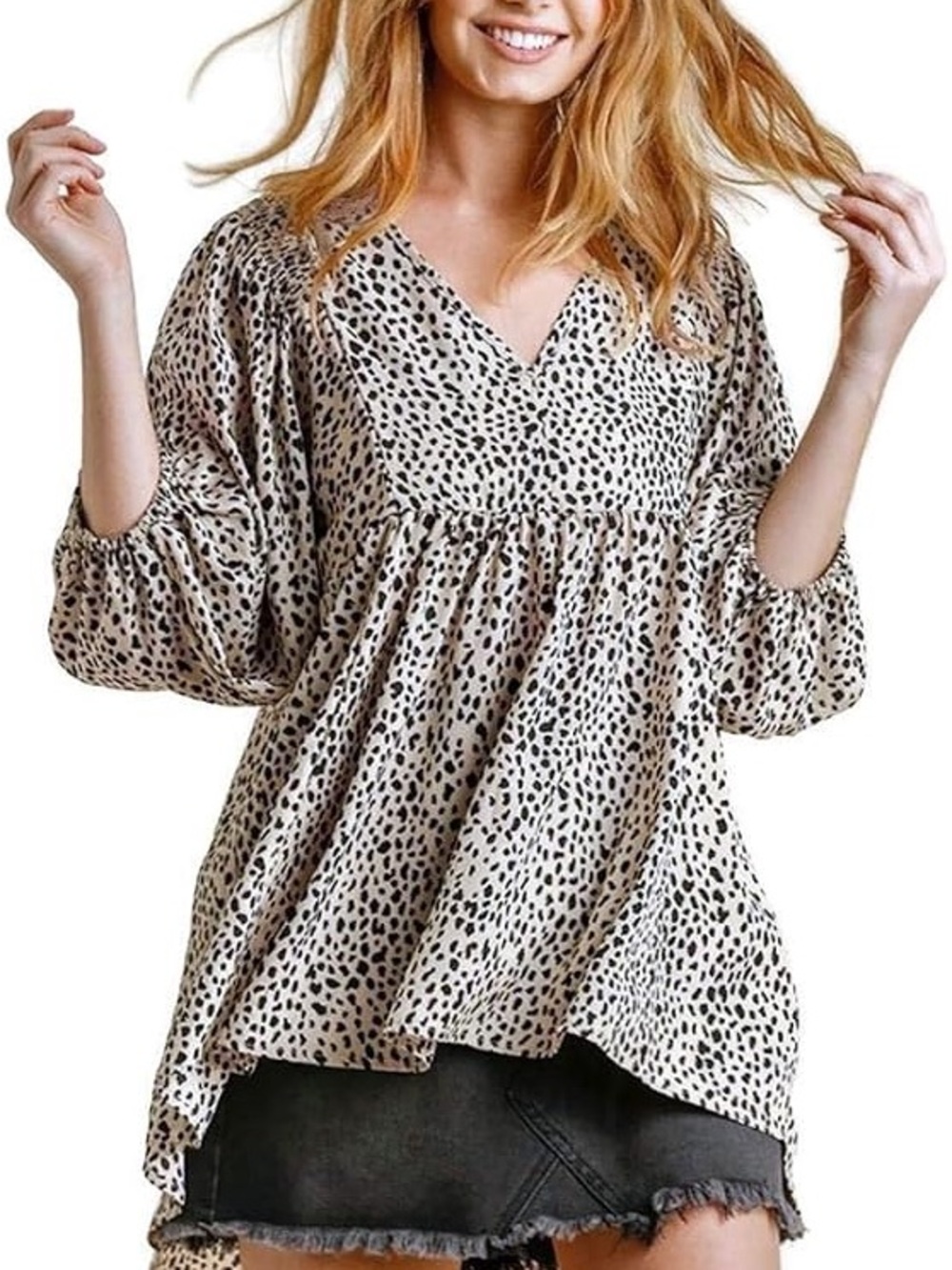 Umgee Cheetah Beige & Black Dotted V-Neck Babydoll Tunic Full Sleeve Size Large